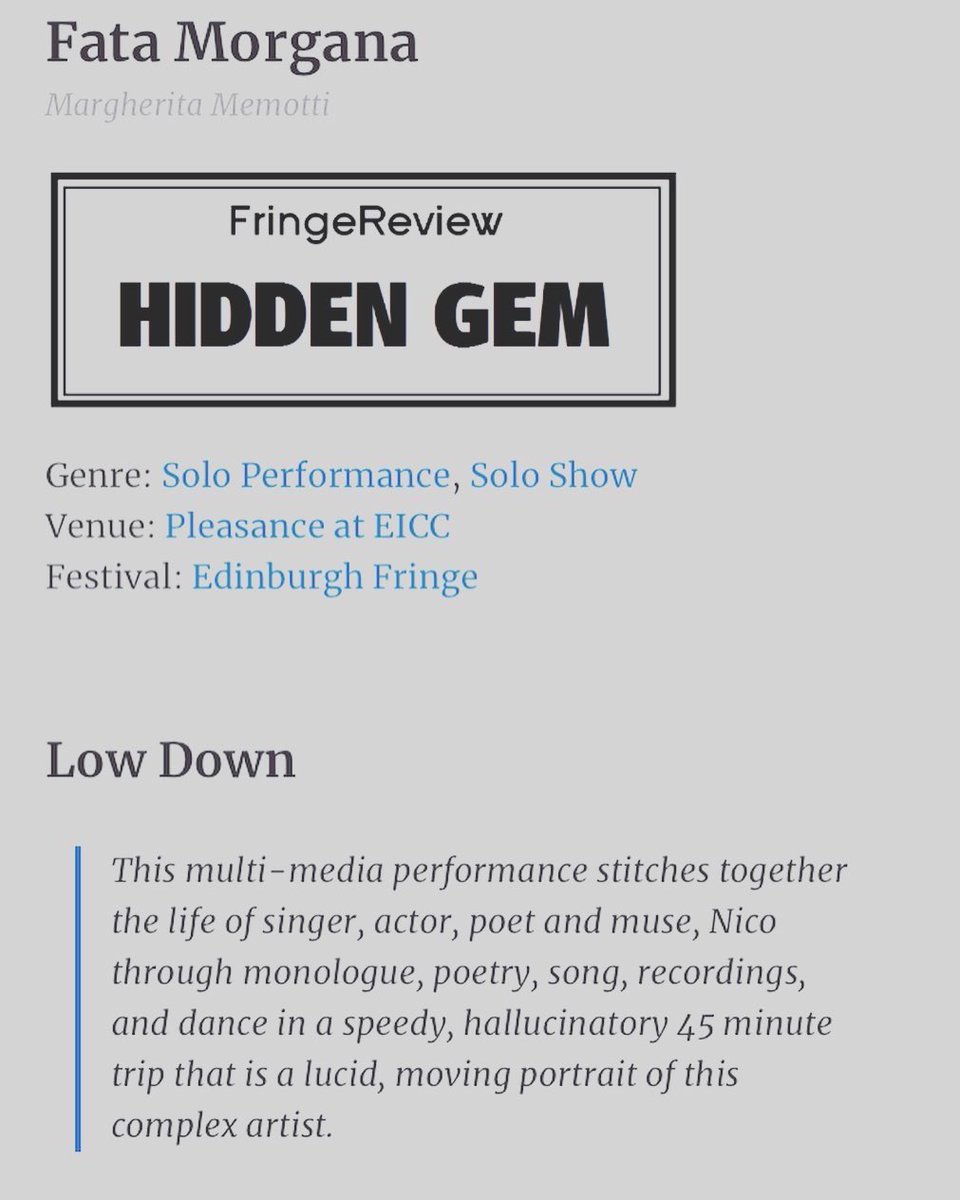 MargheRem's tweet photo. And another review is out ♥️

Thank you @trish._.lyons for your wonderful appreciation. 
Long live rock&amp;roll 🙌
Ps: 3 more runs to go… Ed Fringe people take your chance! 
@edfringe @INESWURTH @kellamjon @albe_laroo @thepleasance #lammermuir #EICC 
#fatamorgana #nico https://t.co/H1Y0FmkwH5