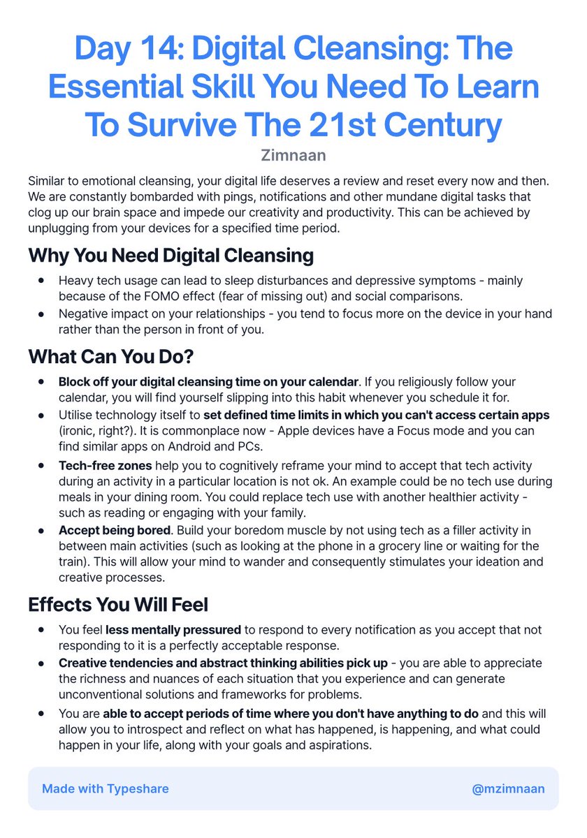 mzimnaan's tweet photo. Day 14: Digital Cleansing: The Essential Skill You Need To Learn To Survive The 21st Century. #ship30for30 #psychology #mentalhealth #digitaldetox #digitalcleansing #essentialskills https://t.co/A7uCpMnYfH