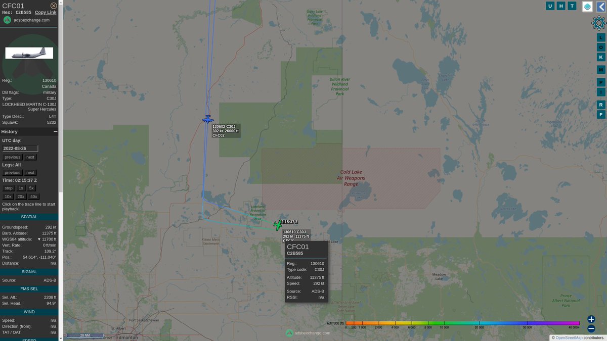 steffanwatkins's tweet image. 🇨🇦 The Right Honourable Justin Trudeau and entourage have flown from Cambridge Bay to #4WingColdLake aboard CC-130J Hercules transports, where their #RCAF CC-144 jets have been waiting for them since yesterday, after their stop in Edmonton.
#CFC01 #CFC1

globe.adsbexchange.com/?icao=c2b535,c…