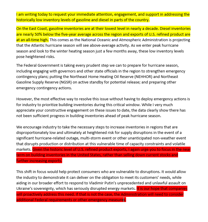 JavierBlas's tweet image. FULL LETTER: The missive from @SecGranholm to several American top oil refiners, flagging "emergency measures" unless US refined products exports drop from record levels and domestic inventories build soon (confirming the earlier WSJ editorial on the same) | #OOTT #EnergyCrisis