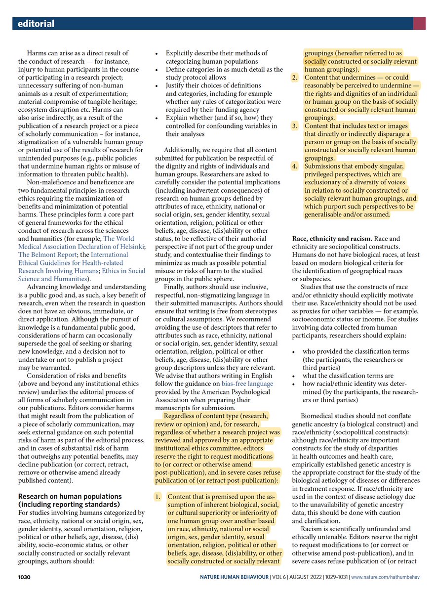 Journalists &amp; psychologists take note: Nature Human Behavior is no longer a peer-reviewed scientific journal but an enforcer of a political creed. I won't referee, publish, or cite (how do we know articles have been vetted for truth rather than political correctness)?