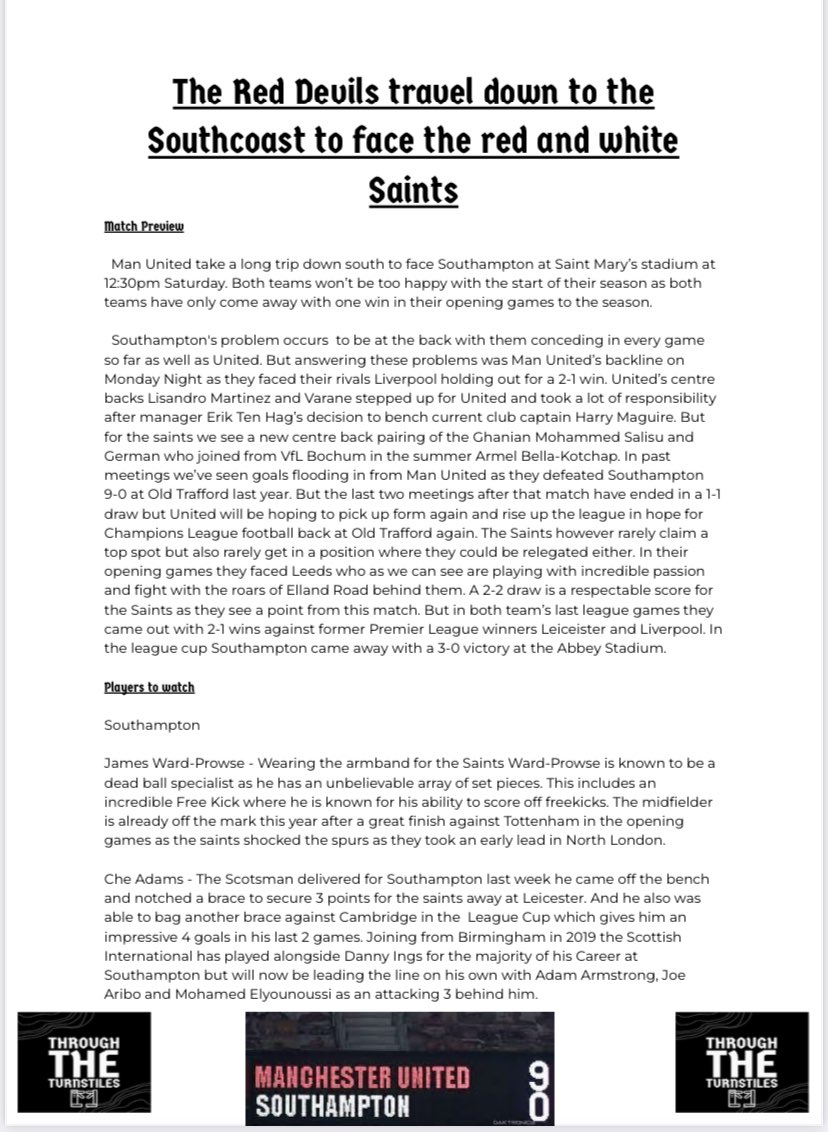 TurnstilesThe1's tweet photo. Manchester United v Southampton Match Preview Both teams will be looking to secure another win to make it two league wins on the bounce and United will hope to leapfrog their opponents Southampton in the league table if they claim all 3 points in this match #manutd #SaintsFC https://t.co/BuhbBBhaFq
