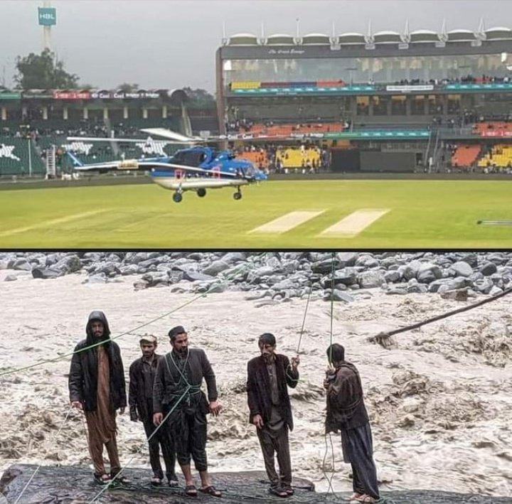 RamzanBaloch02's tweet photo. Two pictures 
2 different stories .
Pic 1
During psl match helicopter is operating to dry the pitch after rain.
Pic 2 
Five people stuck in river due to flood , waited four hours yet no one came to save them , four of them  lost  their lives 🥲
#flood #Kohistan https://t.co/50Q0HyxGm2