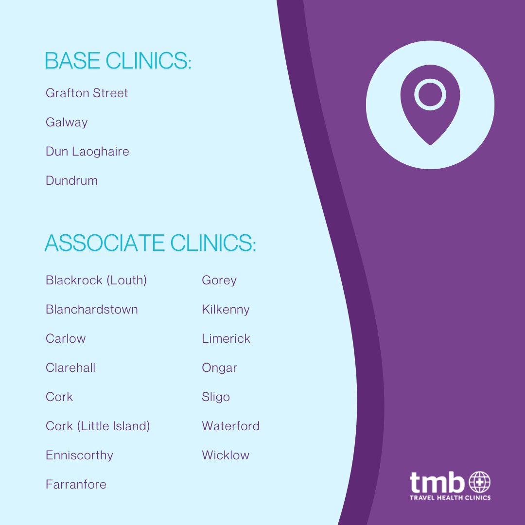 TMB have 4 base clinics and 15 associate clinics operating across Ireland.

We make fulfilling your travel health needs, as accessible as possible! 

#Ireland #travel #health