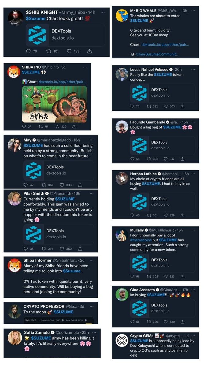 <a href="/defidarling/"></a> <a href="/AvionFinance/">Avion Finance</a> Have you considered doing an analysis of $SUZUME

- Very active community in TG with more than 3,200 users
- Holders 2500
-Dev @DevKobayashi
- Liquidity burned
- Market cap 7M, ATH 10M+
- Dao very soon
- Listed on Uniswap and Mexc Global, more exchanges coming soon.
- 0% tax.