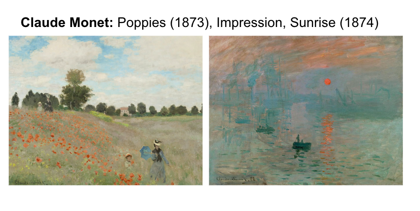 TrungTPhan's tweet image. The most notable art movement was Impressionism, which began in 1860 (France).

Artists like Claude Monet tried techniques that were different than what a camera could capture (playing w/ light, color, brushstrokes)

The paintings were a subjective view of reality (often nature).