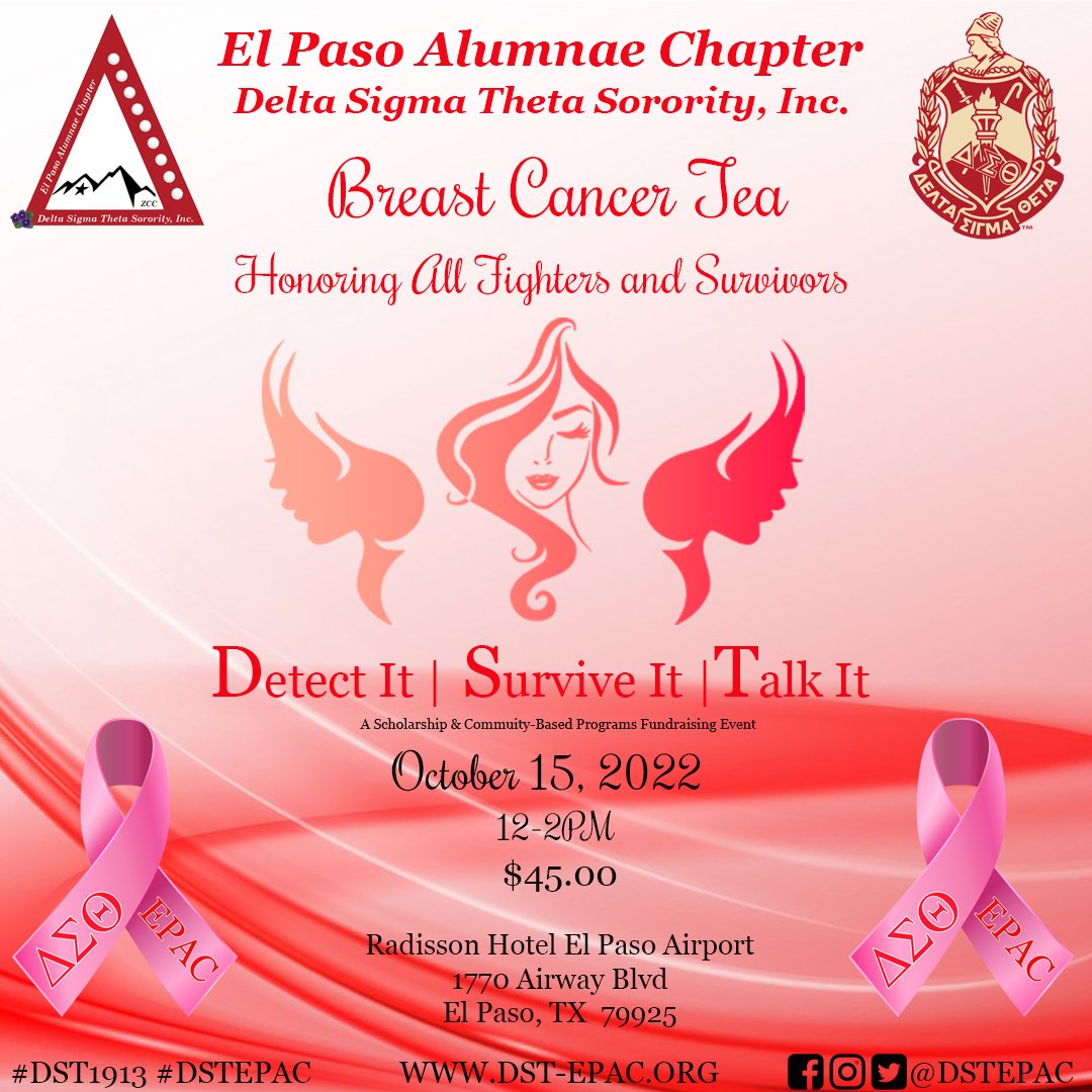 dstepac's tweet photo. The El Paso Alumnae Chapter presents our annual Breast Cancer Tea, Honoring All Fighters and Survivors. We invite you to join us for a wonderful celebration while we provide education surrounding breast cancer and hear testimonies from survivors.
#DST1913 #DSTEPAC https://t.co/ObUCmoCbvv