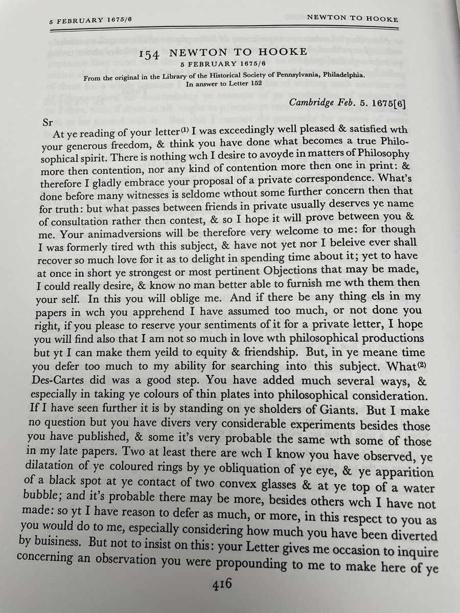 garethmckinley's tweet photo. Spent an amazingly fun afternoon in the @royalsociety library reading Hooke’s original 1674-75 papers on fluids and solids, as well as his correspondence with Newton. Here’s the original “stood on the shoulder of giants” quote… https://t.co/WEFokCphcv