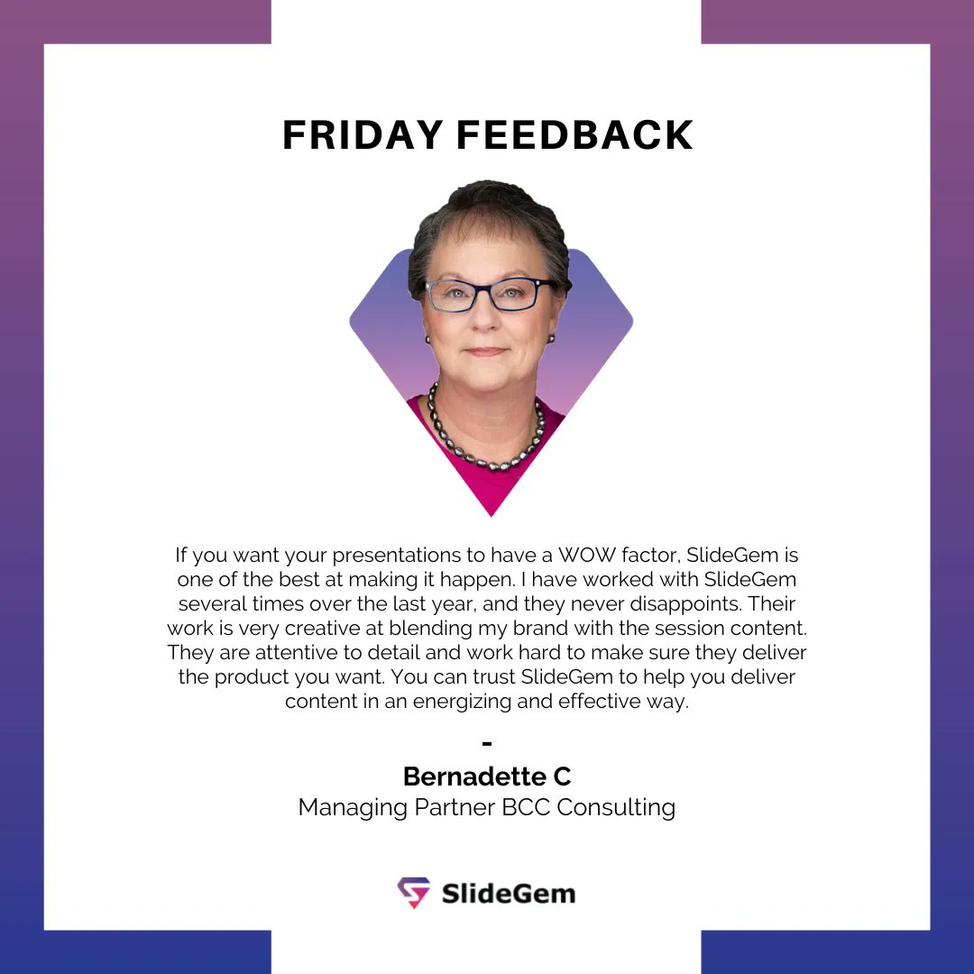 SlideGem's tweet image. See what people say about us!
Contact us today:
📨 Email: Hi@slidegem.com
📲 WhatsApp: +92 3096 302626
.
.
. 
#FridayFeedback #SlideDesigner #ProPresentationDesigner
#testimonial #Powerpoint #designthinking #visualdesign
