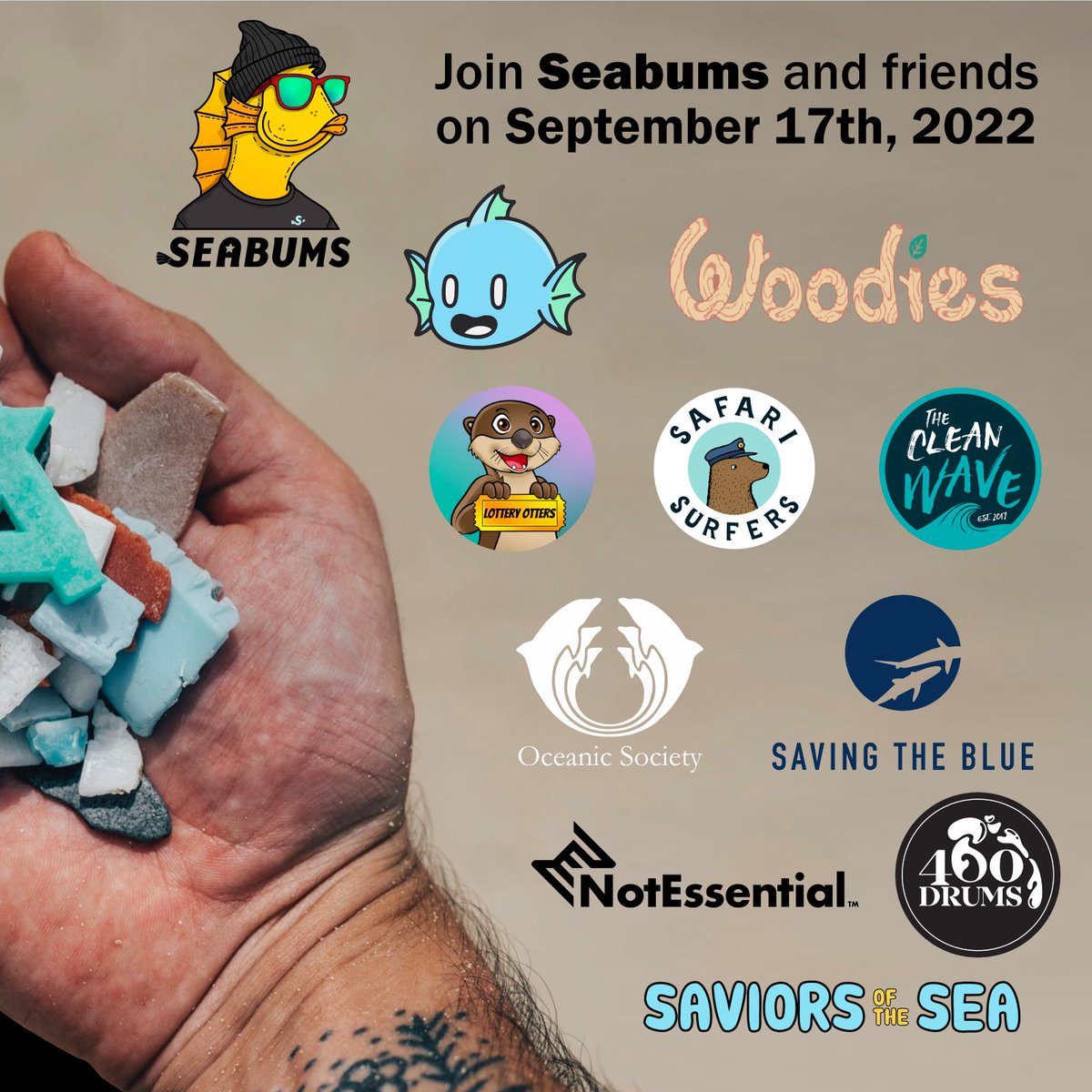 Join the #OceanConservation fam for World Cleanup Day and clean up a location near you! Sept 17th

<a href="/WoodiesNFT/">Woodies (old)</a> <a href="/fishyfamNFT/">Fishy Fam</a> <a href="/SaviorsOfTheSea/">Saviors of the Sea NFT 🔱</a> <a href="/400Drums/">400 Drums | MINTING NOW</a> <a href="/NotEssential_io/">NotEssential</a> <a href="/savingtheblue/">Saving the Blue</a> <a href="/thecleanwave_/">The Clean Wave | thecleanwave.eth</a> <a href="/OceanicSociety/">Oceanic Society</a> <a href="/LotteryOtters/">Lottery Otters NFT</a> <a href="/SafariSurfers/">Safari Surfers | Minting Now</a> 

#WorldCleanupDay #BumsCleanBeaches