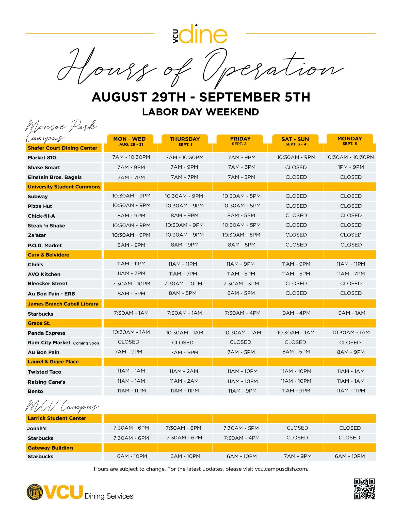 VCUDine on Twitter "Hours of operation this week! 🍪🥙🍕🍱 VCU VCURams