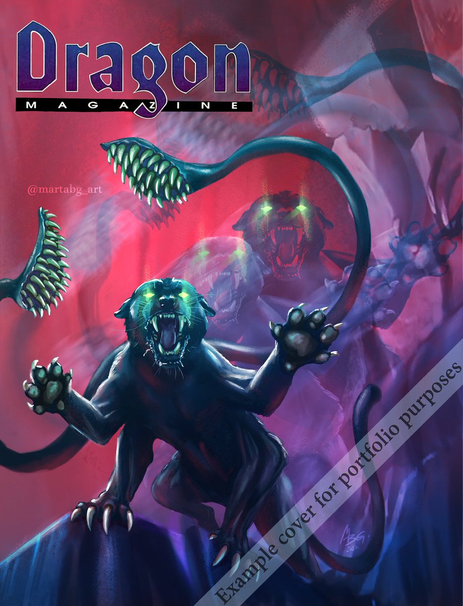 martabg_art's tweet photo. The Displacer Beast can bend light around them to confuse their opponent about their actual position. I also wanted to see what my art would look like as a retro Dragon magazine cover and as an MTG card😄 #displacerbeast #dungeonsanddragons  #dragonmagazine  #MagicTheGathering https://t.co/jjVHsLehVB