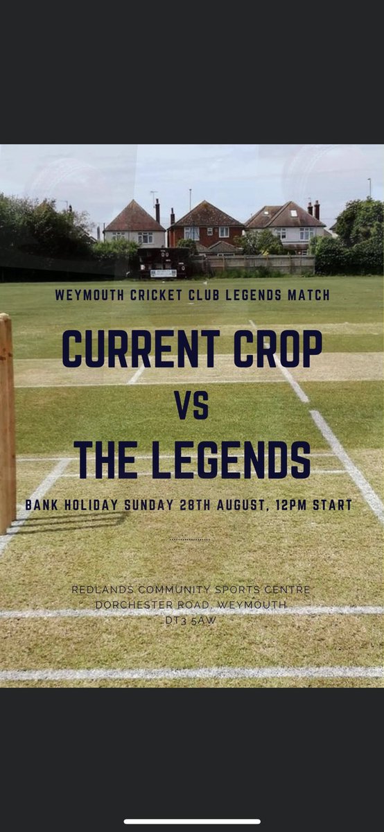 weymouthcricket's tweet photo. Weymouth Cricket Club Legends Match this bank holiday Sunday 28th August. 12pm start. 30 overs. 

We would like to welcome anyone associated with the club or anyone who wishes to watch a very competitive game of cricket. 

Sides released on our FB page. #seasiders ⛵️🏏⛵️ https://t.co/0Y9Rdk5RXl