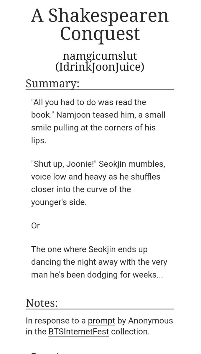 namgicumslut's tweet photo. 🍷𝙰 𝚂𝚑𝚊𝚔𝚎𝚜𝚙𝚎𝚊𝚛𝚎𝚗 𝙲𝚘𝚗𝚚𝚞𝚎𝚜𝚝 🎭
#namjinau

🎭Teen &amp; Up | 4k 
🍷Strangers to Friends to Lovers
🎭Online Class
🍷Flirty!SJ &amp; Shy!NJ
🎭College AU
🍷Fluff and Humor

➳Written for @BTSInternetFest
➳Beta'd by @ethesea1

🔗: https://t.co/ZIO8f2x6x6 https://t.co/yJxK1uD687