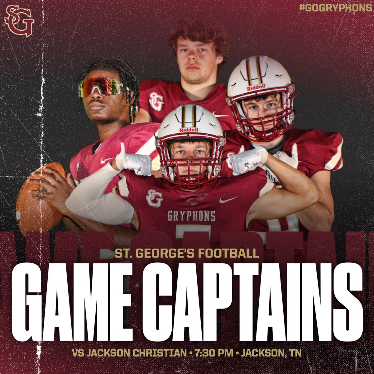 SGGryphFootball's tweet photo. Tonight's Game Captains against Jackson Christian - Huffman Smith, Jordan Thomas, Chase Sutton, and Dalton Lewis! Congrats men! #GoGryphons #WIBTM https://t.co/mHIXy2bhlF