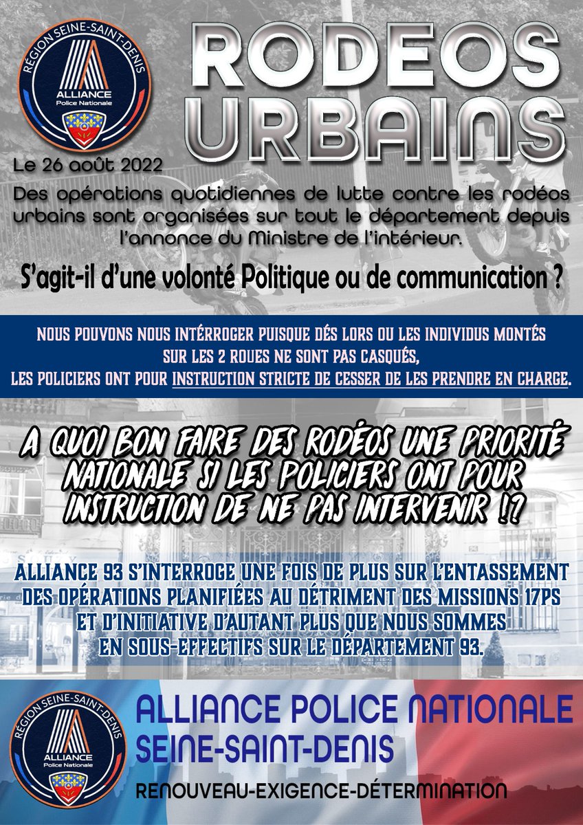 ALLIANCE_93's tweet photo. Opérations de lutte contre les rodéos urbains :

S'agit-il d'une volonté Politique ou de communication ?

A quoi bon faire des rodéos urbains une priorité Nationale si les Policiers ont pour instruction de ne pas intervenir ?

@GDarmanin
@prefpolice https://t.co/piCq6k1h9q