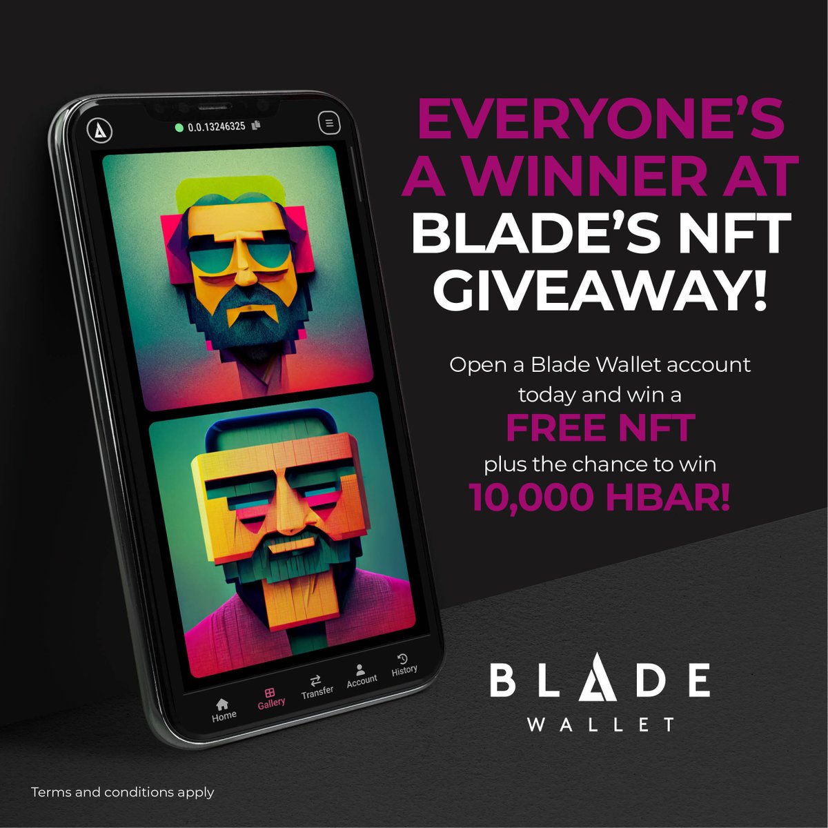 🚨 FREE NFT + A CHANCE TO WIN 10,000 HBAR 🚨

To celebrate the launch of Blade Wallet’s NFT Gallery on Android, we’re giving an NFT to everyone alongside a chance for ONE LUCKY WINNER to win 10,000 HBAR!

Don’t miss out! 

Enter here: bit.ly/BLADENFT

#Win #Free #NFT