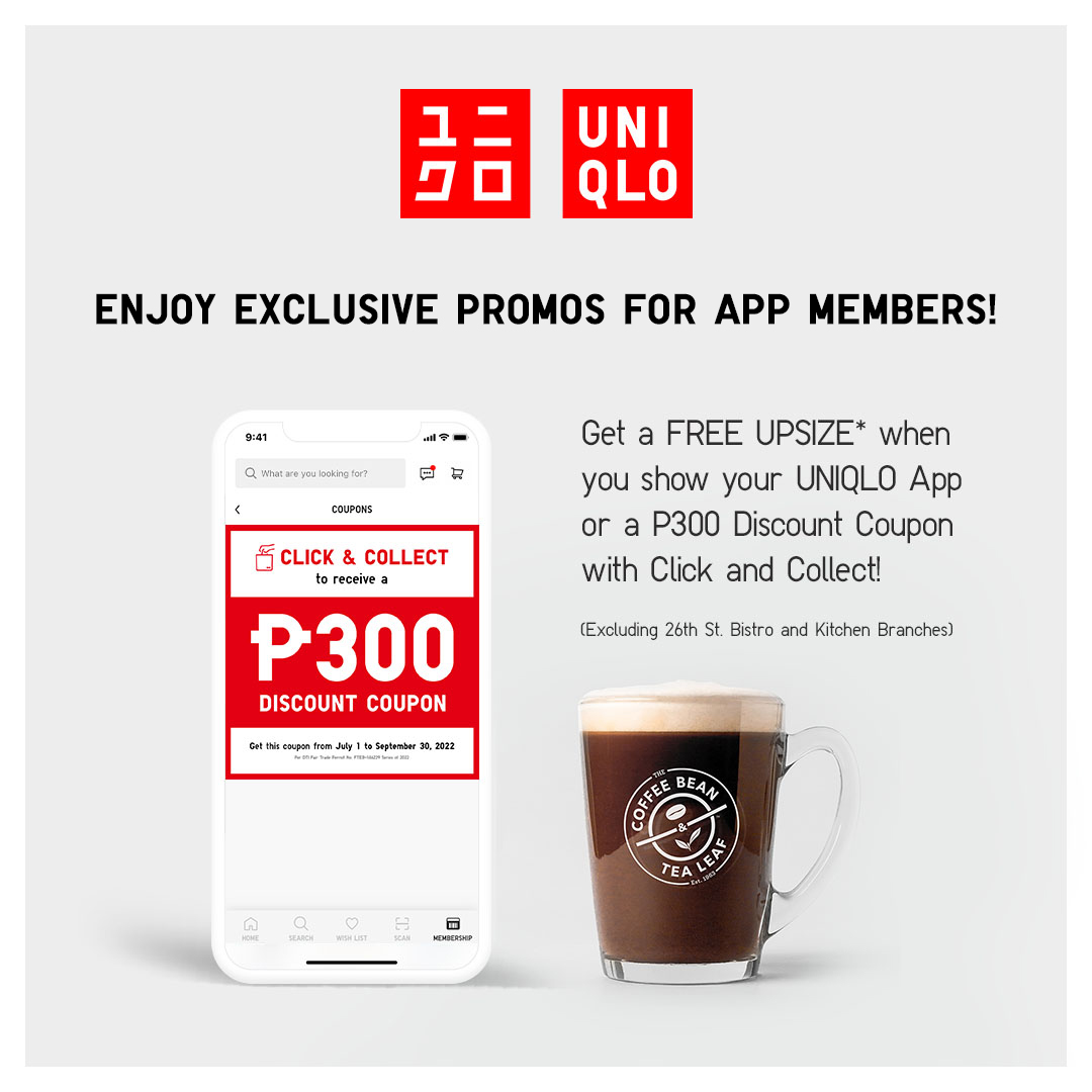 UNIQLOPH's tweet photo. End the month right with exclusive promos just for you! 

Download the UNIQLO App to get a FREE UPSIZE in most of @cbtlph branches: https://t.co/Oolu4mYtho

Or get a ₱300 Coupon when you shop via Click &amp; Collect until Sep. 30: https://t.co/LQrh6w9M2A

#UniqloPH #LifeWear https://t.co/7YdT4zkvl6