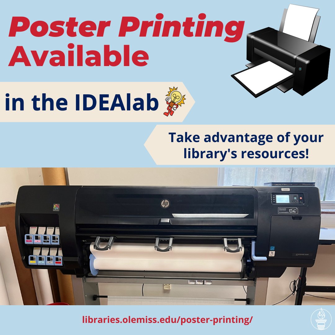 UMLibraries's tweet image. Students, clubs, and organizations!!!!! Need a large picture or poster printed? Come to the IDEAlab for all printing needs! #umlibraries #IDEAlab #olemiss