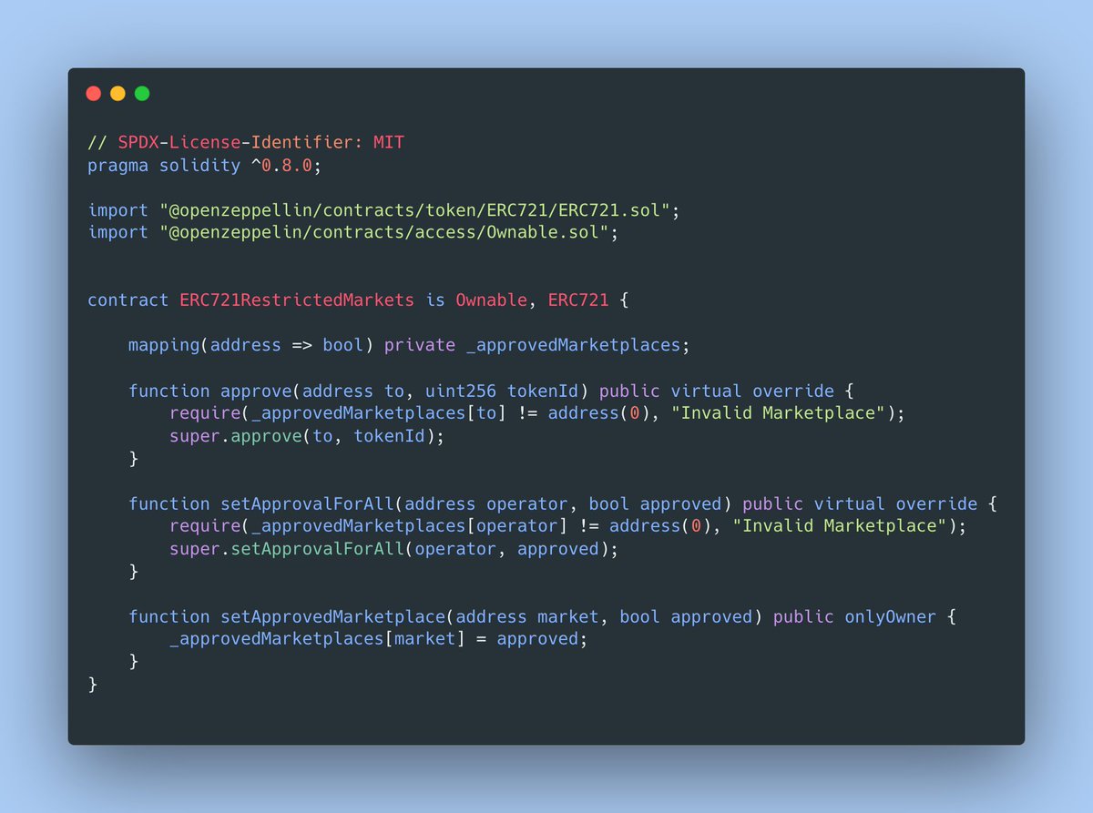 There's been quite a bit discussion recently about creator royalties, first with the emergence of Sudoswap and now with X2Y2 going to 0%.

Here's a simple way that you, the project creator, can whitelist the marketplaces that your NFTs can sell on. 

More details in the 🧵: