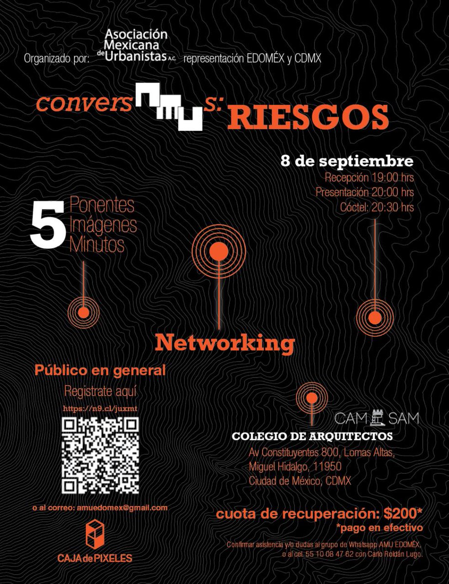 amumexico's tweet image. La Asociación Mexicana de urbanistas, invita a todos sus agremiados y publico en general para formar parte de este magno evento.
"ConversAMUs: Riesgos"
REGÍSTRATE EN EL SIGUIENTE ENLACE:
n9.cl/juxmt
CUOTA DE RECUPERACIÓN: $200
#FORMAPARTE #amunacional #AMUINVITA