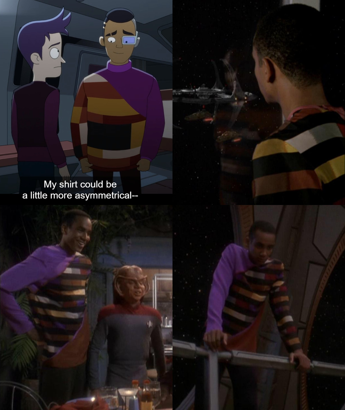 Jörg Hillebrand on Twitter: "In were wondering about the only slightly asymmetrical shirt Rutherford is wearing on Earth in the #StarTrekLowerDecks episode "Grounded"↖️, it's based on a sweater by