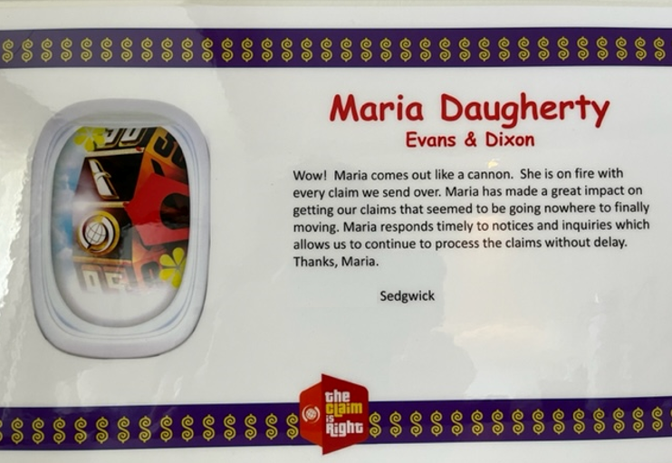 EvansDixonLaw's tweet photo. It's a wonderful feeling to see our dedicated attorneys be recognized for the hard work they put in everyday to support our clients. Congratulations to Maria Daugherty for receiving the below kudos at the American Airlines Legal Summit this week. #clientkudos https://t.co/rG5rkjAj9S
