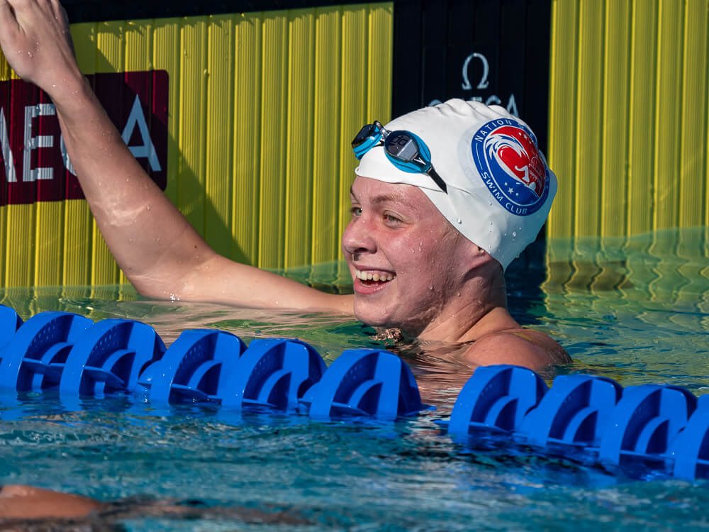 NCAPswim's tweet photo. On night #2, Erin Gemmell set a new 100 free Jr Pan Pac record w/ a blazing time of 54.13, moving her to #6 All-Time in the US 17-18 AG. She also split a blistering 1:54.86 on the 4 x 200 free relay, catapulting the US foursome to GOLD and a meet record! Congrats, Erin! https://t.co/OypJmZt3ab