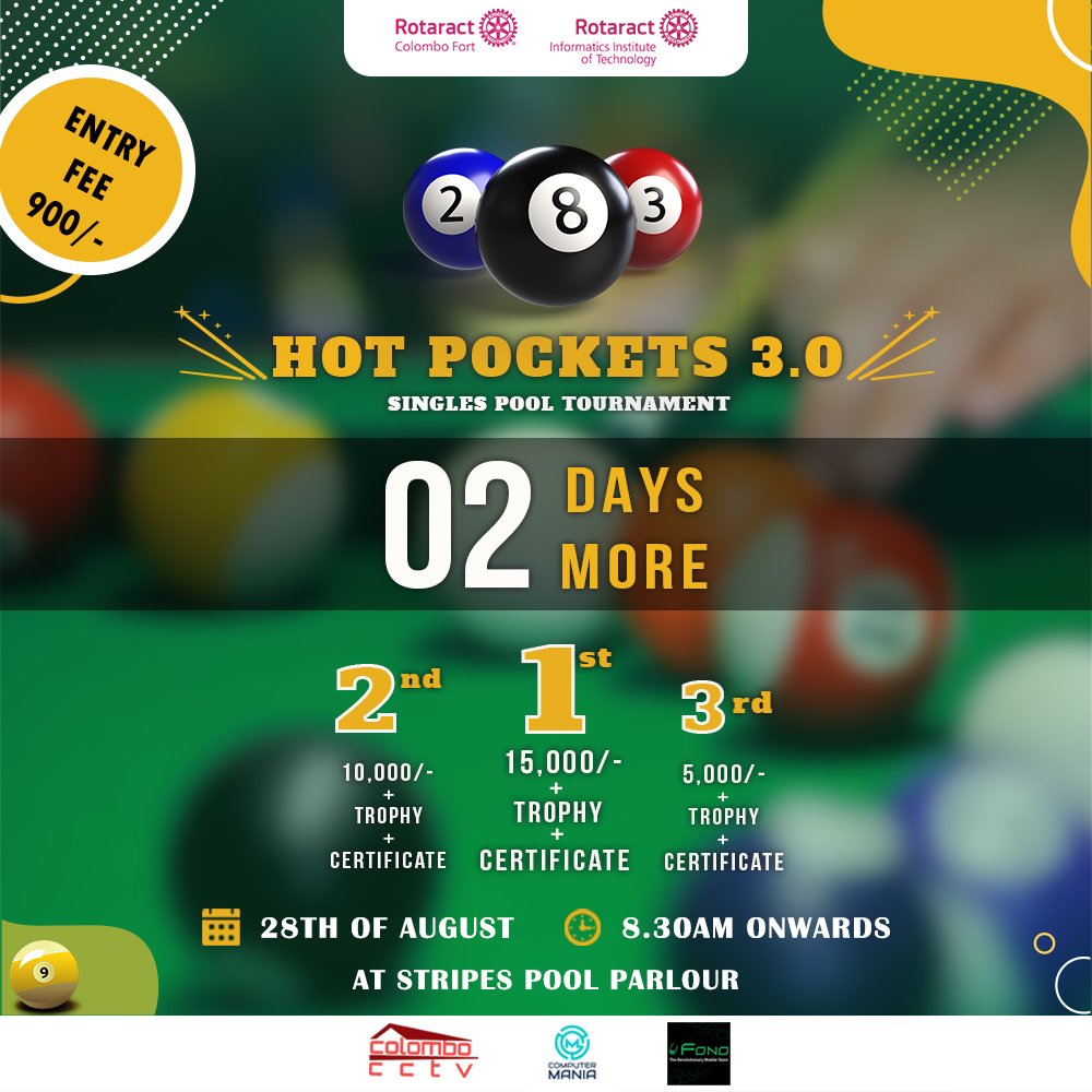IITRotaract's tweet photo. The clock is ticking...⏰
Get yourselves registered for the most awaited pool tournament of the year, as there are only 2 days more for Hot Pockets 3.0!!!🎱
Hurry up and reserve your spot
#Rotaract3220 #ConnectingLives #Sportsandrecreational #sports #RACIIT #RACCF #Hotpockets https://t.co/vCe0kllXYa