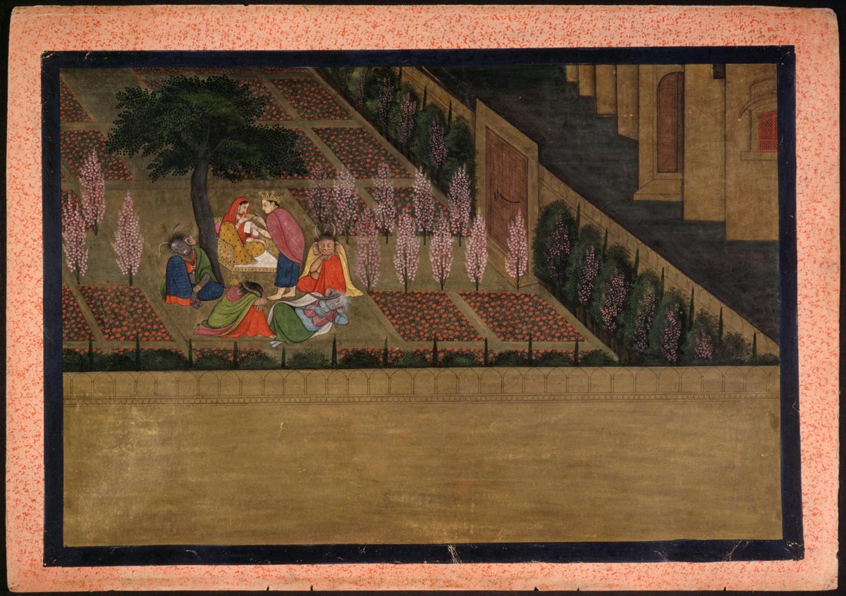Indra Visits Sita in Ravana's Garden, Guler/Kangra School, c.1775-1789

The Painting from the Pahadi school depicts a scene from the Ramayana. After kidnapping Sita, Ravana imprisons her in Lankan Palace Gardens (Ashoka Vatika) where she stays - heavily guarded night and day.