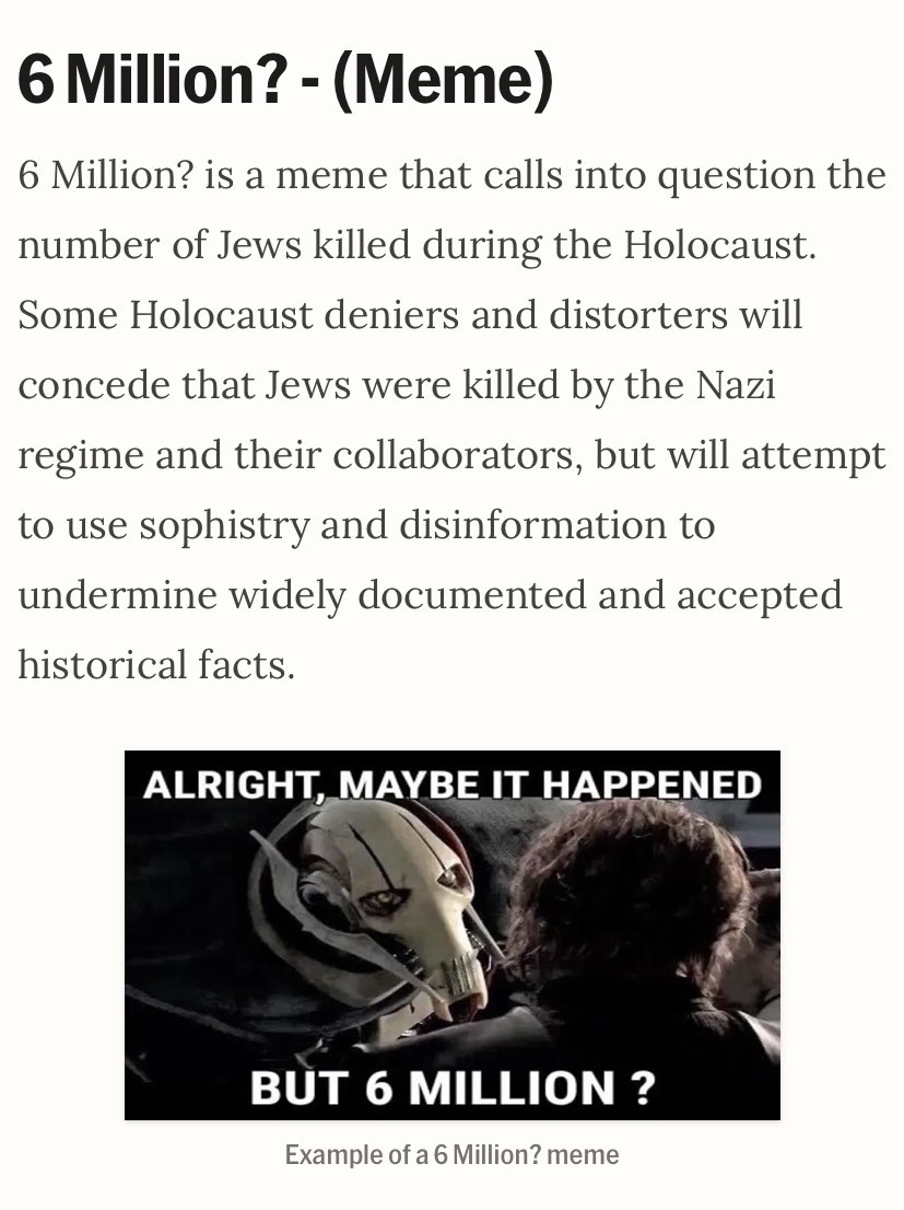 quintal_etienne's tweet photo. For context, random references to ‘6 million’ are allusions to the number of Jewish victims of the Holocaust, on par with ‘Six gorillion’ and other similar memes.
Here’s our #OHREP entries for both of these memes. https://t.co/1A2DbF81MJ
