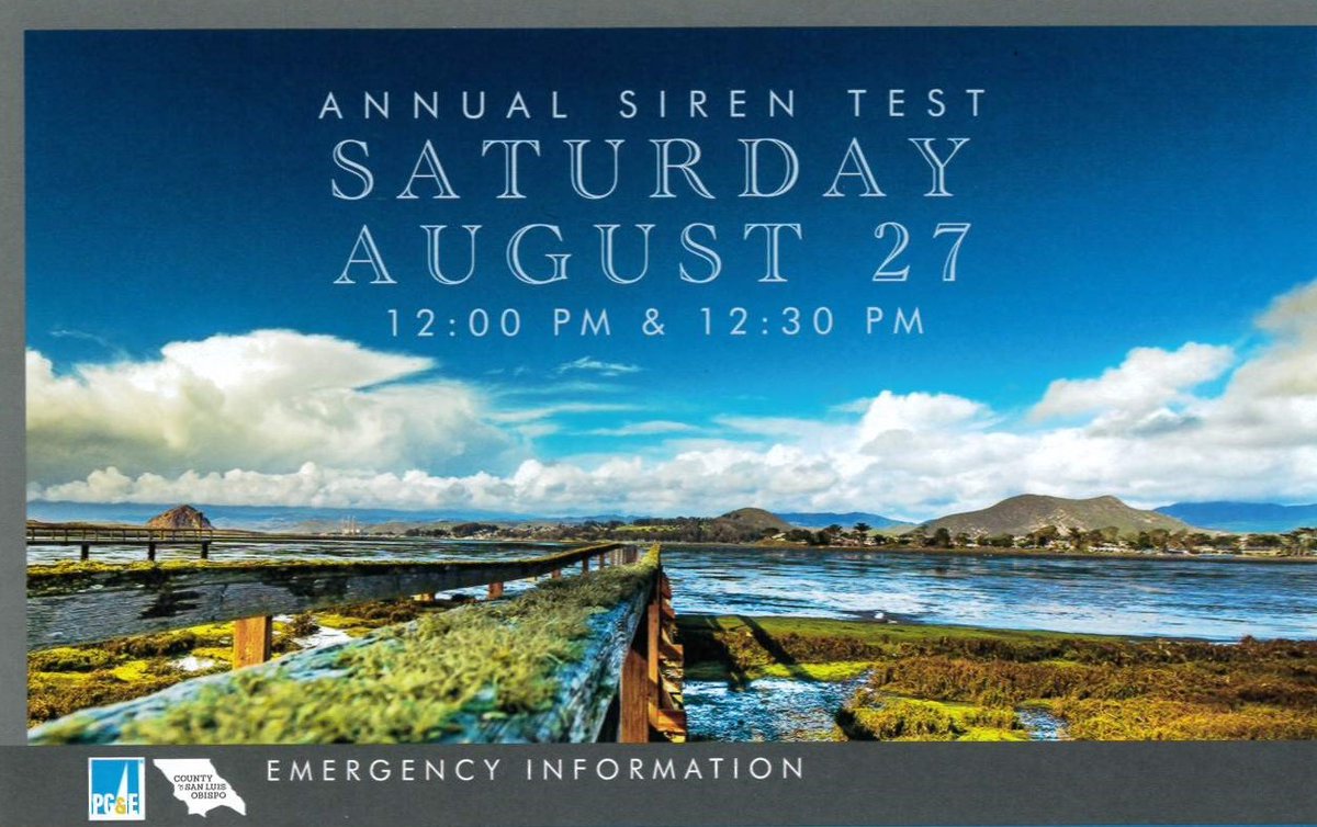 A reminder that the annual siren test is tomorrow! All 131 sirens will sound at noon and again at 12:30 PM. This is only a test and no action is required for the public. For more info on the sirens, visit PrepareSLO.org