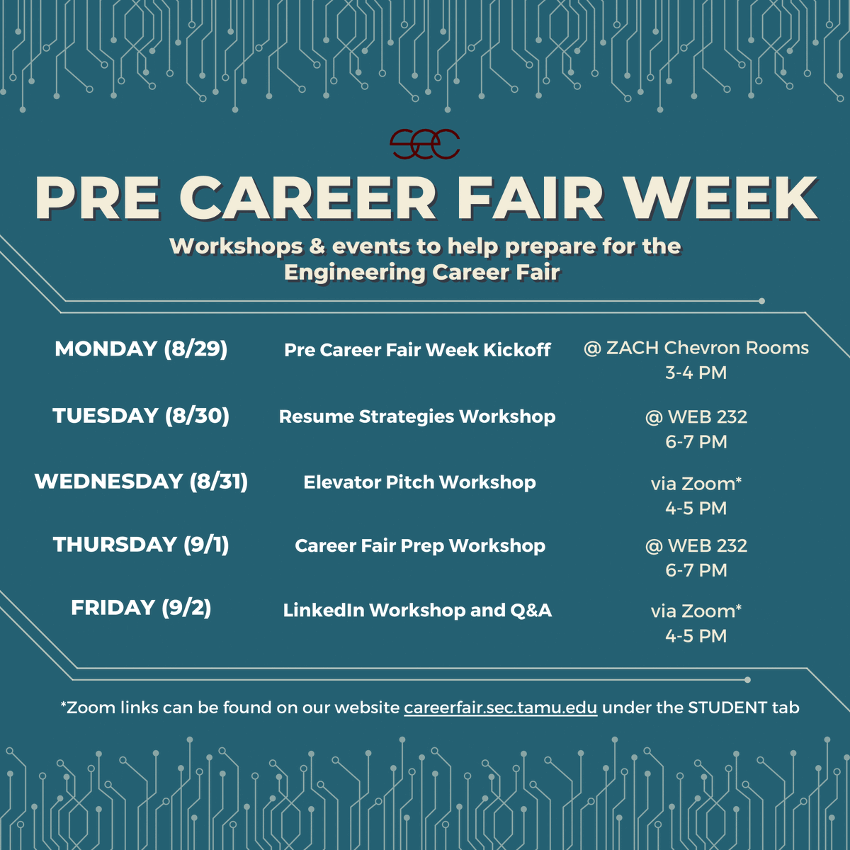 TAMUsec's tweet photo. This year, we are excited to launch Pre Career Fair Week from August 29th-September 2nd! Come take advantage of these events and workshops that will help you be your best at the fair! Zoom links for online events can be found on our website (https://t.co/dGkOTwsTIf). https://t.co/FTkPkEDX5U