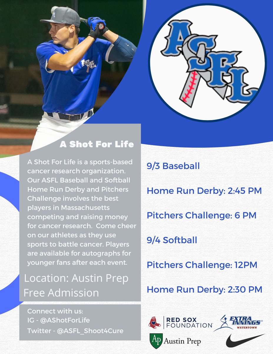 ASFL Baseball and Softball is coming up next weekend! See you at Austin Prep as the best hitters and pitchers in Massachusetts compete while raising money for cancer research! #ASFL