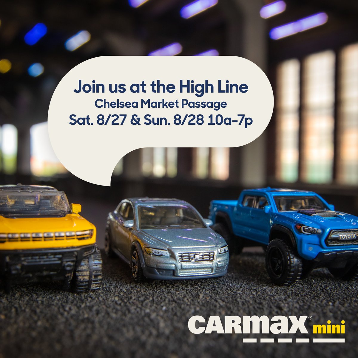 ICYMI @CarMax is bringing something BIG to the High Line. Well, something quite mini. Introducing #CARMAXmini the first mini car lot where you can get matched to a human-sized car you love. Join us Sat. 8/27 & Sun. 8/28, 10am – 7pm.