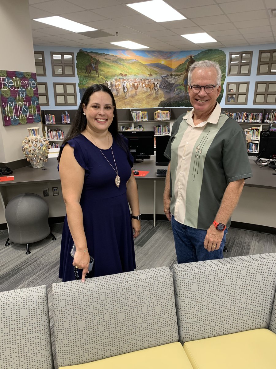 MPElemSchool's tweet photo. Katy ISD Legacy, Dr. Steve Robertson stopped by MPE today. (Dr. Norma Martinez with Dr. Steve Robertson at the MPE Library.) #MPEpanthers #katyread @MPElemSchool @katyisd https://t.co/0dVHWEENQT