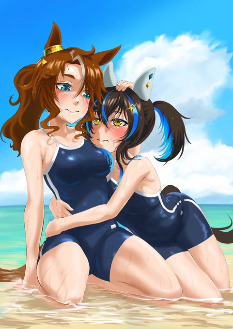 自分も夏な絵描いてみたいと思ったんです。#ウマ娘#メジロパーマー#ダイタクヘリオス#爆逃げコンビ 
