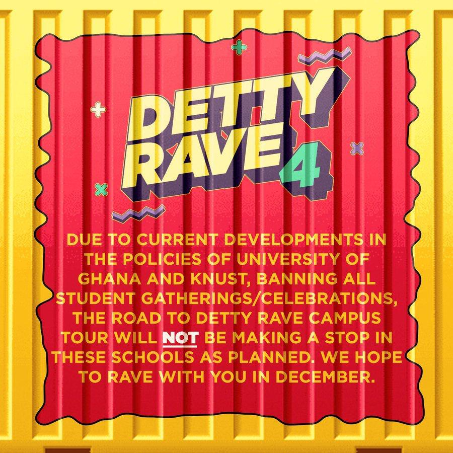 asecglobal's tweet photo. Dear KNUST & UG students,
Detty Rave 4 is finally off the table!
Following the cancelation of all student celebrations, management has thus recalled the event.
Find more here👇
#hypercitigh
#dettyrave
#knust
#UG https://t.co/Zd5DTniByh