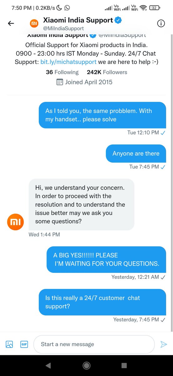 arbaj69's tweet photo. When are you going to contact me?  Will I know that? It is really 24/7 customer chat support??? @MiIndiaSupport @SamsungIndia @OnePlus_IN @Vivo_India @OPPOIndia https://t.co/nj2uBQNG9Q