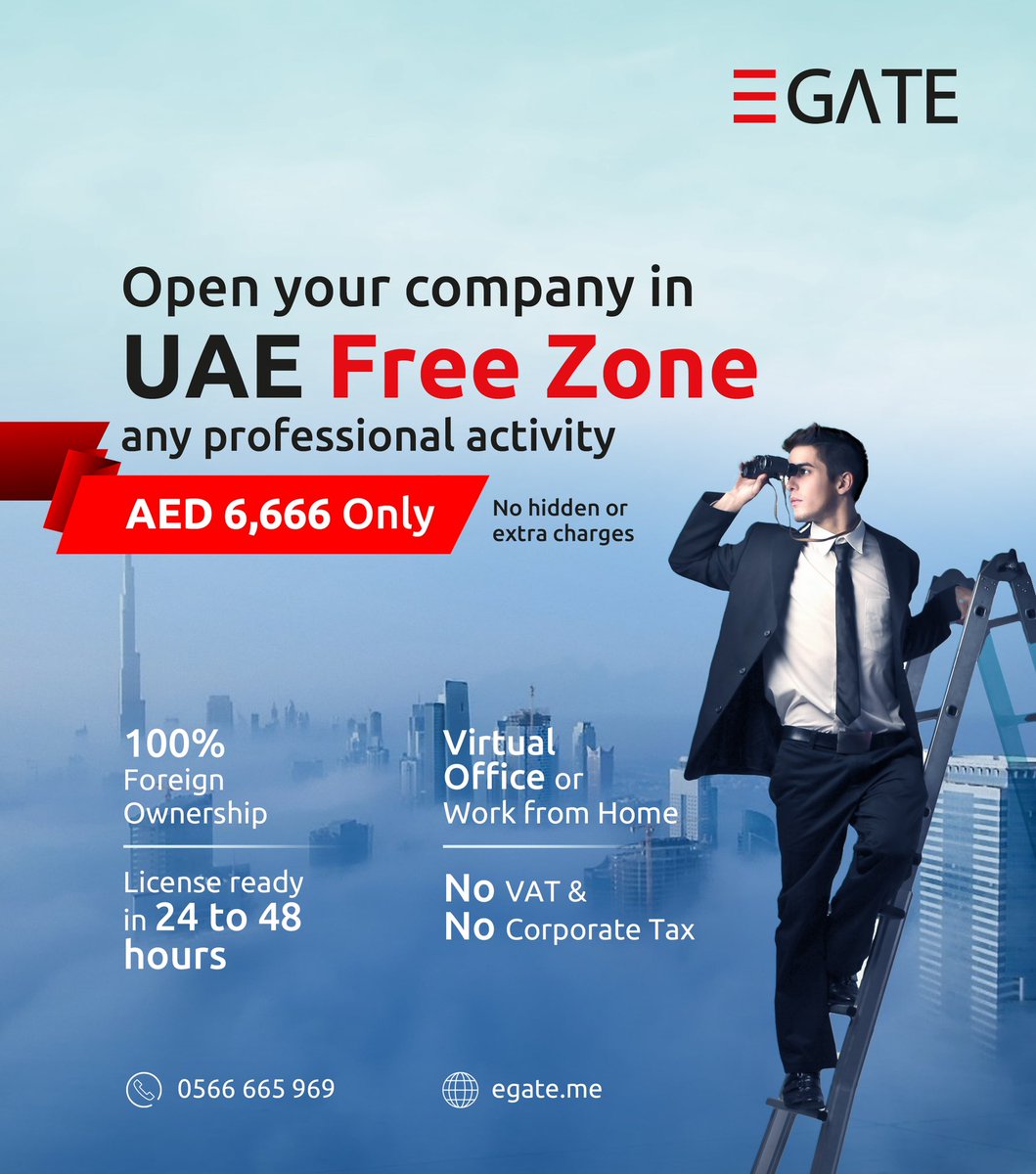 EGATEme's tweet photo. Open your Company in UAE 🇦🇪 Free Zone.
Any Professional Activity at 6,666 AED ONLY 
• 100% Foreign Ownership 
• Virtual Office or Work From Home 
• License Ready in 24 to 48 Hours
• NO VAT &amp; NO Corporate Tax 
(+971) 566-665-969 | https://t.co/H30IZQCnvD https://t.co/nqE0Ppgjwi