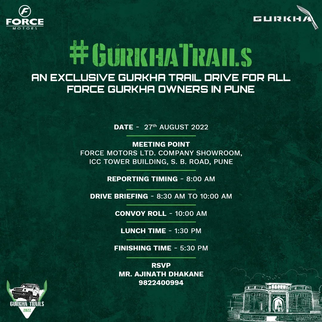 ForceGurkha4x4's tweet photo. Punekars - Get ready for this year's biggest adventure bash! Participate in the #GurkhaTrails, a breath-taking experience for all lovers of adventure.
For Force Gurkha owners only. Reserve your spot now! RSVP on +91 9822400994 (Mr. Ajinath Dhakne)
#GurkhaTrails #adventuredrive https://t.co/3YYBagk3sV