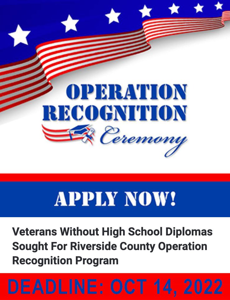 RCOE's tweet photo. RCOE is now accepting applications from #RivCo veterans of WWII, Korea &amp; Vietnam wars to receive their high school diplomas📜🎓through the Operation Recognition Program. #OperationRec

PRESS RELEASE: https://t.co/eRdT8UfBY1

Program history &amp; information: https://t.co/hvtGIHKFbA https://t.co/Z6QfFupVGo