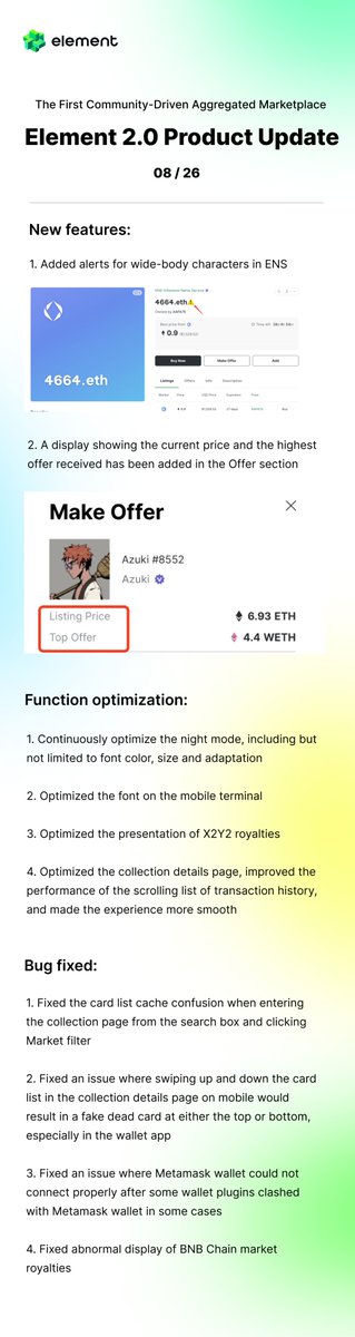 Element_Market's tweet photo. ✨Element 2.0 Product Update Daily
25th, Aug 2022

New features:
➡️Added alerts for wide-body characters in ENS
➡️Added a display showing the current price and the highest offer received in the Offer section

🔎Check the pic below for more details
#NFT #NFTMarketplace #ElementNFT https://t.co/IRbX0SsRy4