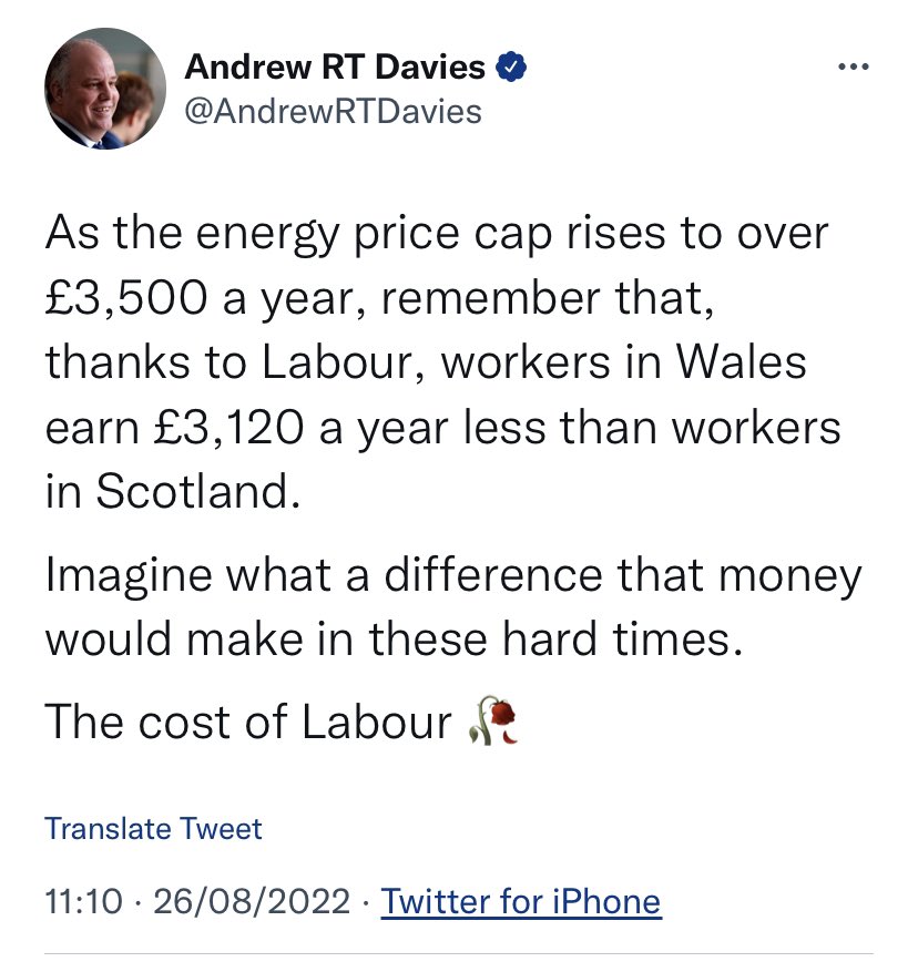 Thought this was a tweet from a parody account, but no, it really is the Leader of the Conservatives in Wales. 

Imagine the difference if we had a UK Government willing to prioritise people before profit and a Plaid Cymru Government in Wales. Or better still an independent Wales