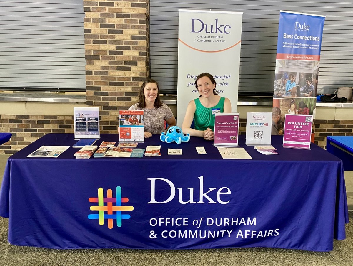 Duke_DCA's tweet photo. Happy Friday y'all! "Skip Happy" one of our two octo-mascots was feeling the back to school grove this week. Here he is along with Crystal and Lindsey at a student resource fair. #DukeinDurham #GoDuke https://t.co/3sSEizHLiL
