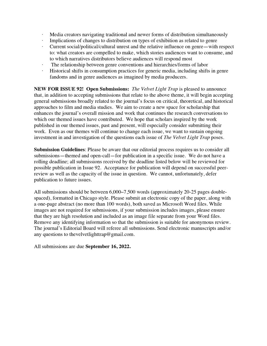 Just 3 weeks left until Friday, September 16, the deadline to submit to Velvet Light Trap #92 - Genres and Disruption! CFP below. Open call submissions on film and media studies are also welcome! #CallForPapers