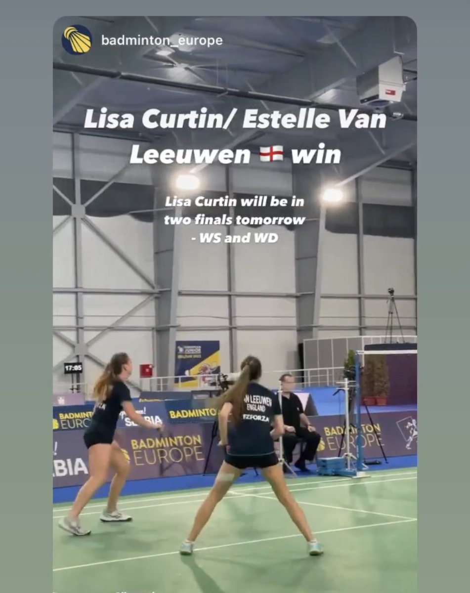 Into the doubles final at the  u19 Europeans in Belgrade <a href="/BadmintonEnglnd/">Badminton England</a> <a href="/SueStorey/">Sue Storey</a> <a href="/TeamSportsAid/">SportsAid</a> <a href="/BucksSport/">Bucks Sport</a> <a href="/MiltonKeynesBA/">Milton Keynes Badminton Academy</a>