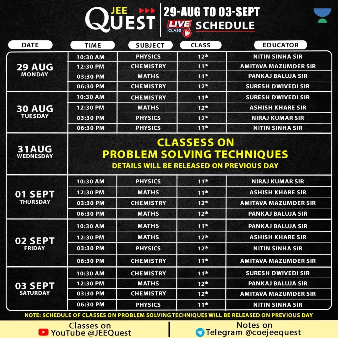 Jaipur_Pulse's tweet photo. #JQLiveClassSchedule for 29-Aug To 03-Sept

#jeequest #jeemain #jeeadvanced #jeemain2023 #jeemain2024 #jeeadvanced2023 #jeeadvanced2024 #unacademy #centreofexcellence #unacadmeycoe #jeequestliveclasses https://t.co/sgX5RMVm5d