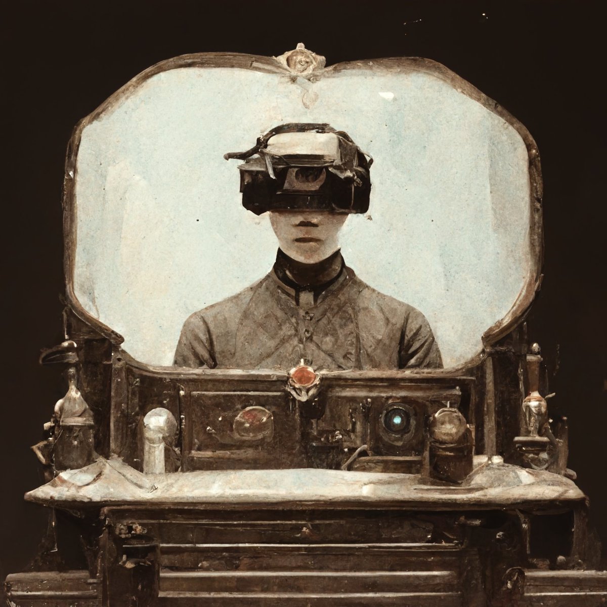 Continuing my Friday series of an #AI's interpretation of the ''#Metaverse'... What would Victorian era VR would be like... Me? I think there would be A LOT more wires and moving parts! Thoughts?