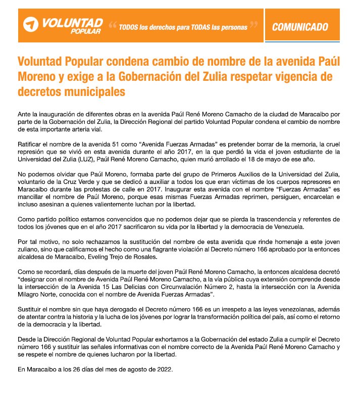 VPZulia's tweet photo. #Comunicado @VoluntadPopular rechaza cambio de nombre de la avenida Paúl Moreno y exige a la Gobernación del Zulia respetar vigencia de los decretos municipales. #ProhibidoOlvidar https://t.co/D9RCy7TOC8